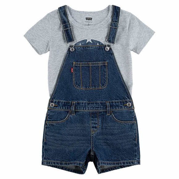 Levi's Denim Shortalls Overall's And T-shirt Red White Blue Girls Size Med NWT - Picture 2 of 9
